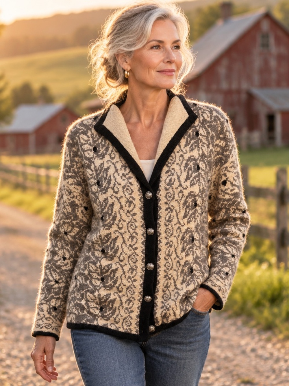 Icelandic Design Lined Wool Cotton Cardigan Sweater Beige Gray Black Floral M